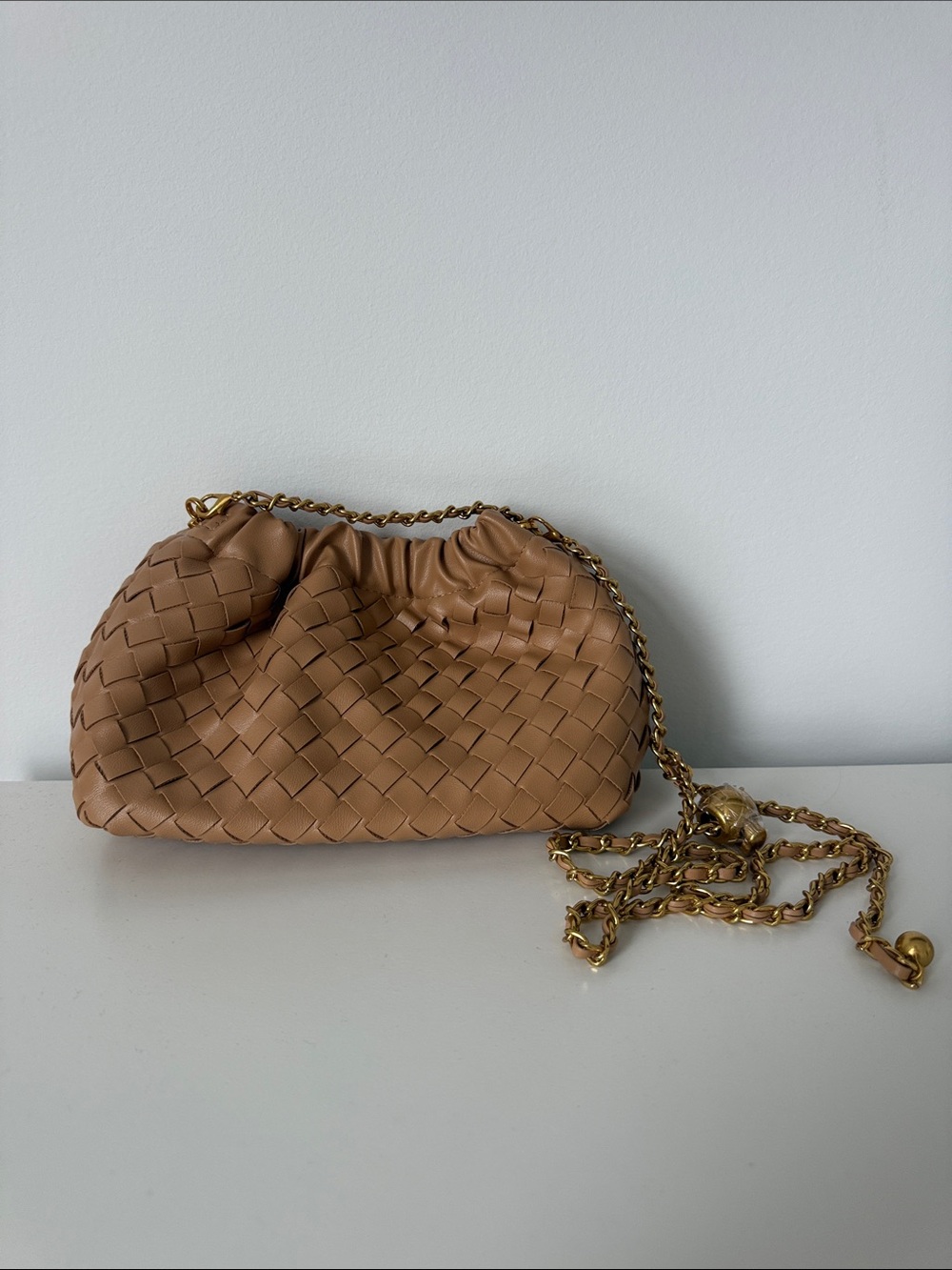 Woven Mini Shoulder Bag in Tan with Gold Chain